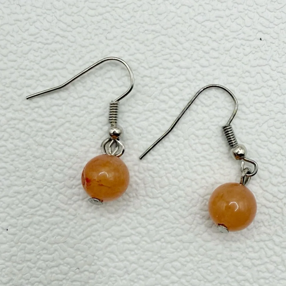Orange Bead Dangle Earrings | Lightweight Round Drop Silver Hook